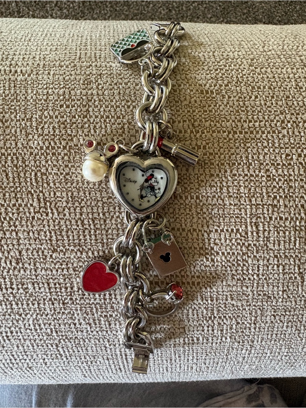 Disney Silver Tone Charm Bracelet Watch with Red and Pearl Accents